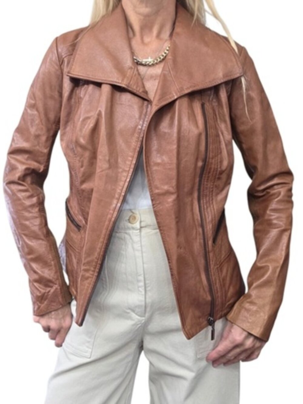 Bernardo Cognac Genuine Leather Moto Jacket XS Asymmetrical Zip